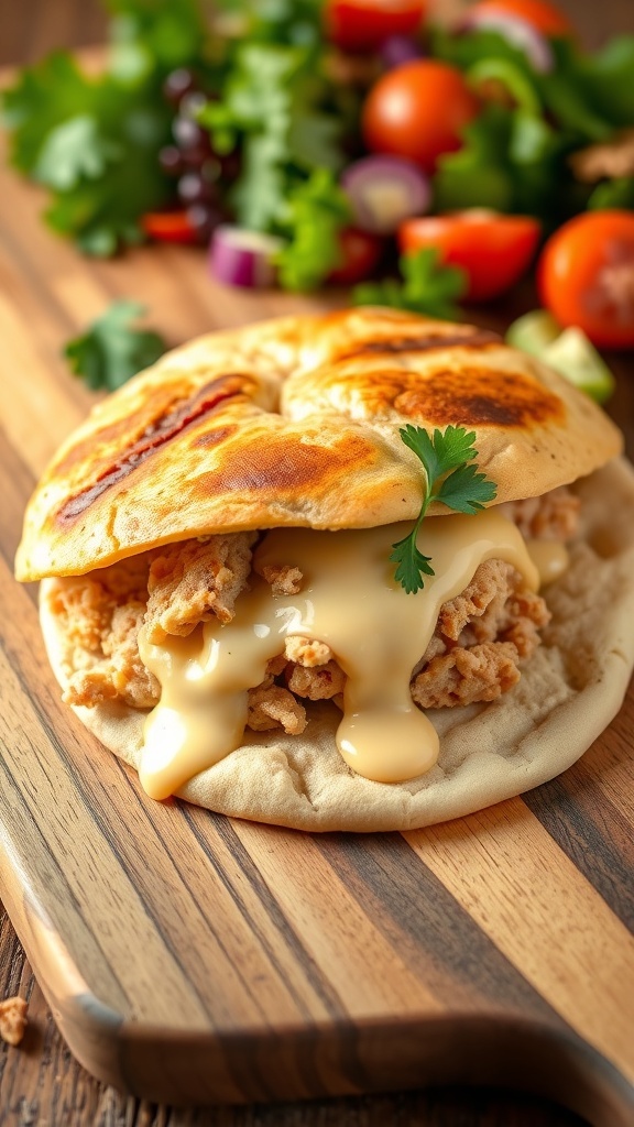 A tuna melt sandwich on pita bread with melted cheese and parsley, alongside a fresh salad.